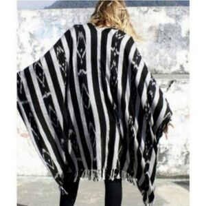 Ketzali Handwoven Long Poncho Wrap Aztec Striped Ikat Black & Gray